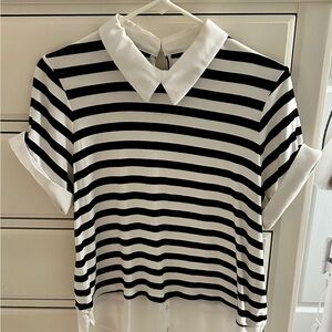 Elle Striped Short-Sleeve Collared Layered Top - Black & White